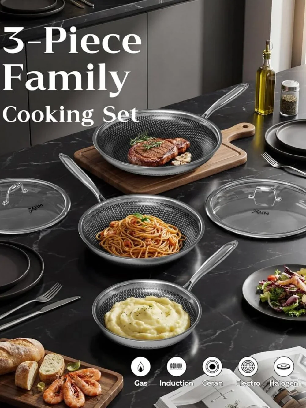 Nonstick Honeycomb Skillet Set, 8-10-12 Inch, PFOA-Free, Scratch-Proof, Oven